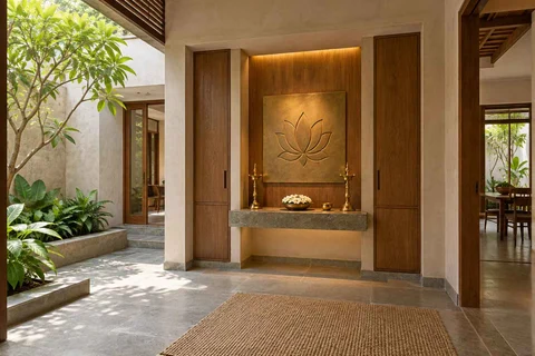 AI-generated puja room design concept: deep reveal mandir, courtyard modern direction
