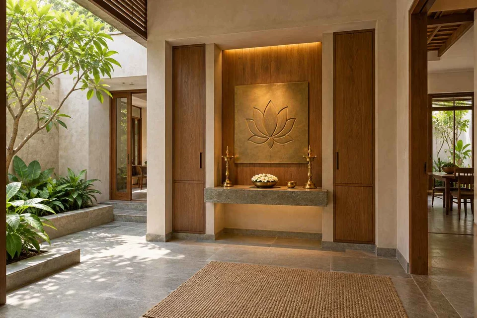 AI-generated puja room design concept: deep reveal mandir, courtyard modern direction