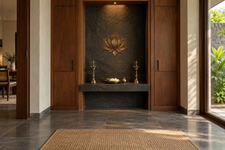 AI-generated puja room design concept: deep reveal mandir, deccan stone direction