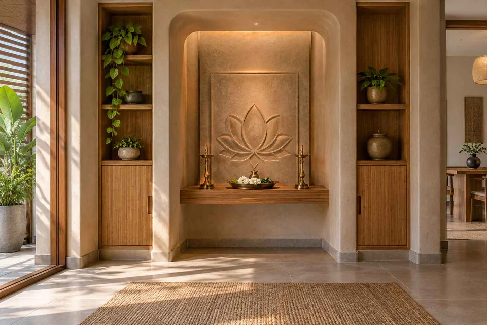 AI-generated puja room design concept: deep reveal mandir, earth and bamboo direction