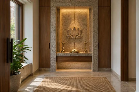 AI-generated puja room design concept: deep reveal mandir, granite precision direction