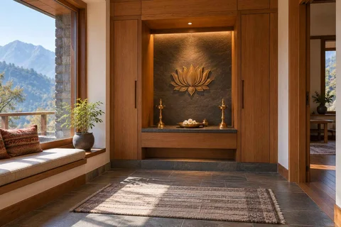 AI-generated puja room design concept: deep reveal mandir, hill timber direction