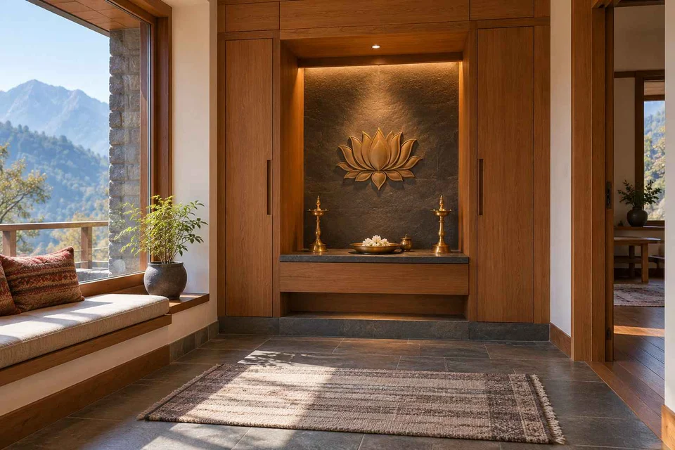 AI-generated puja room design concept: deep reveal mandir, hill timber direction