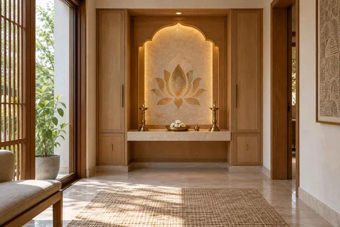 AI-generated puja room design concept: deep reveal mandir, inlay atelier direction
