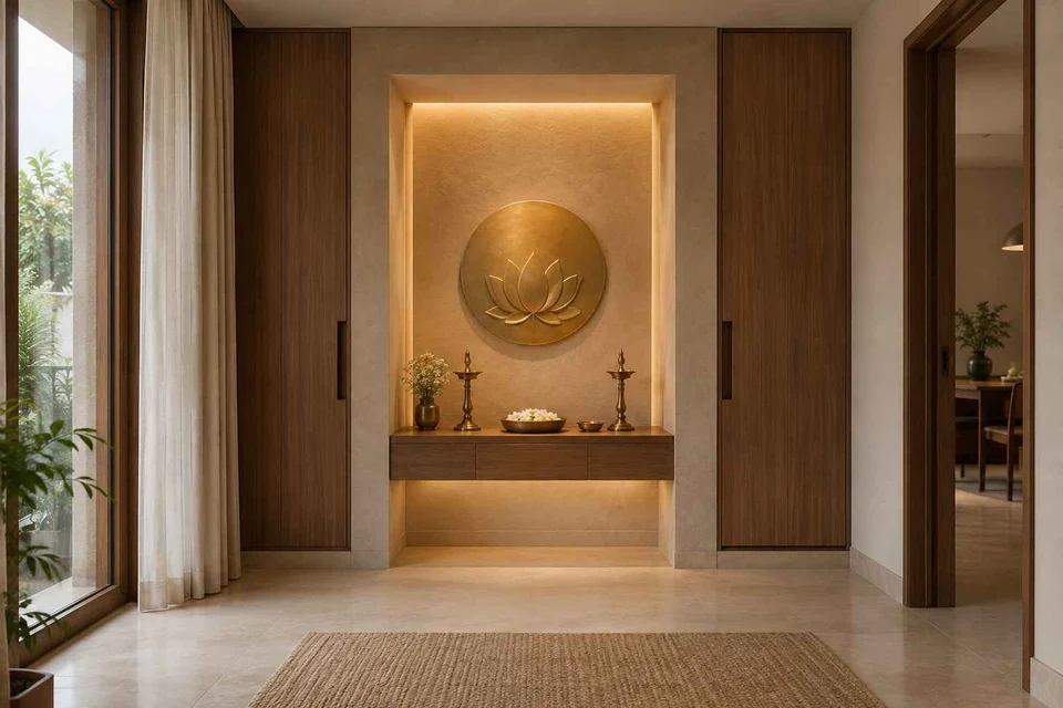 AI-generated puja room design concept: deep reveal mandir, lime and walnut direction