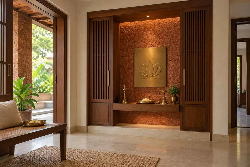 AI-generated puja room design concept: deep reveal mandir, malabar timber direction