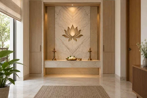AI-generated puja room design concept: deep reveal mandir, marble restraint direction