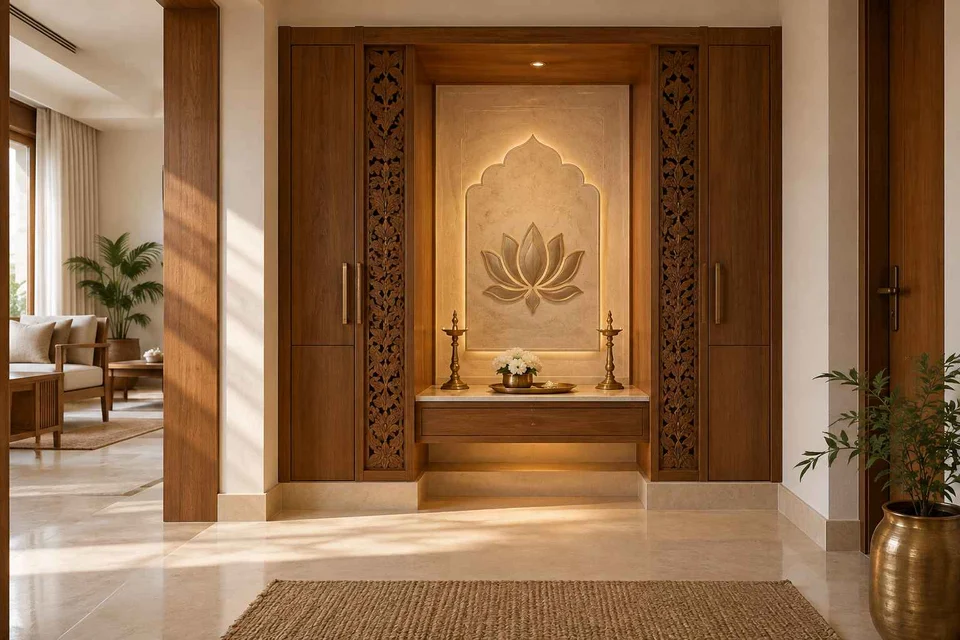 AI-generated puja room design concept: deep reveal mandir, modern carved direction