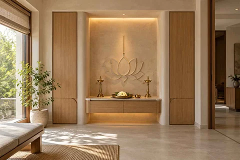 AI-generated puja room design concept: deep reveal mandir, quiet contemporary direction