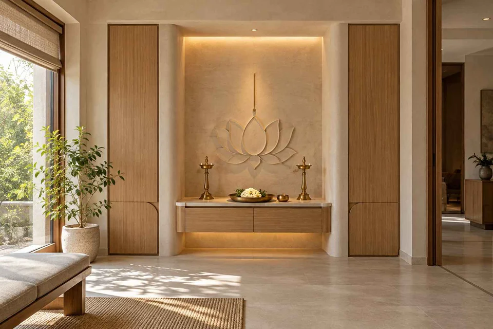 AI-generated puja room design concept: deep reveal mandir, quiet contemporary direction