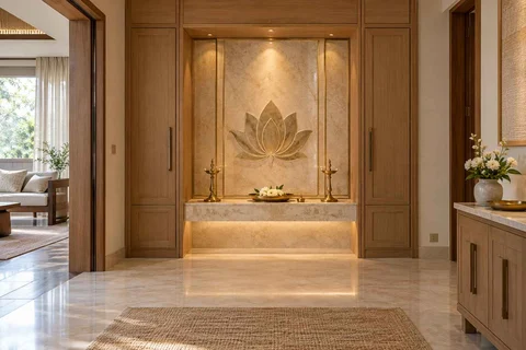 AI-generated puja room design concept: deep reveal mandir, quiet transitional direction