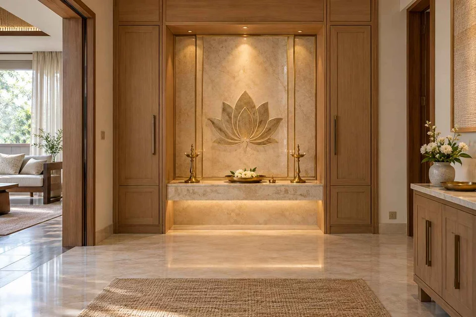 AI-generated puja room design concept: deep reveal mandir, quiet transitional direction