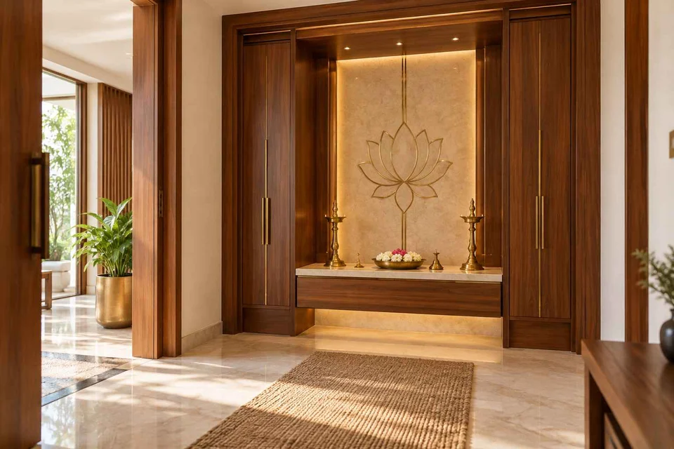 AI-generated puja room design concept: deep reveal mandir, rosewood brass direction