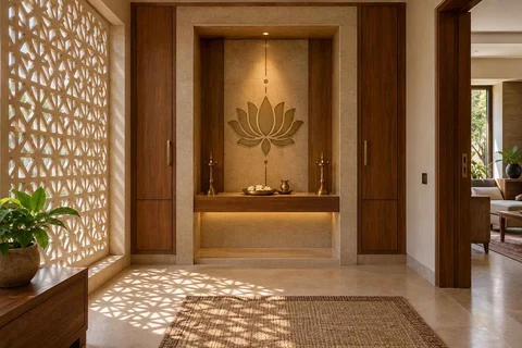 AI-generated puja room design concept: deep reveal mandir, sandstone lattice direction