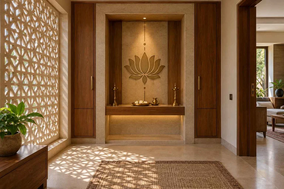 AI-generated puja room design concept: deep reveal mandir, sandstone lattice direction