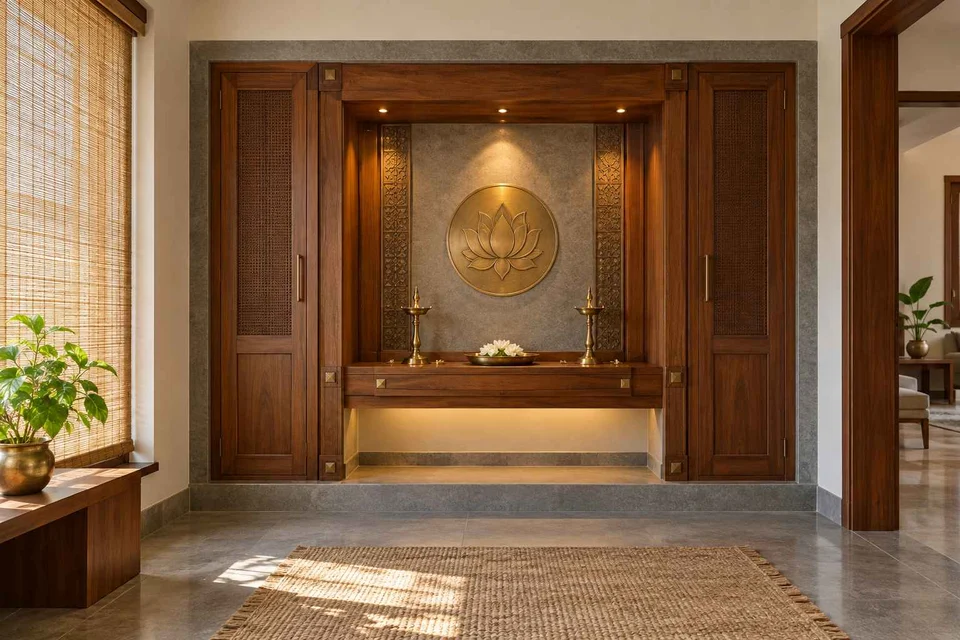 AI-generated puja room design concept: deep reveal mandir, teak craft direction