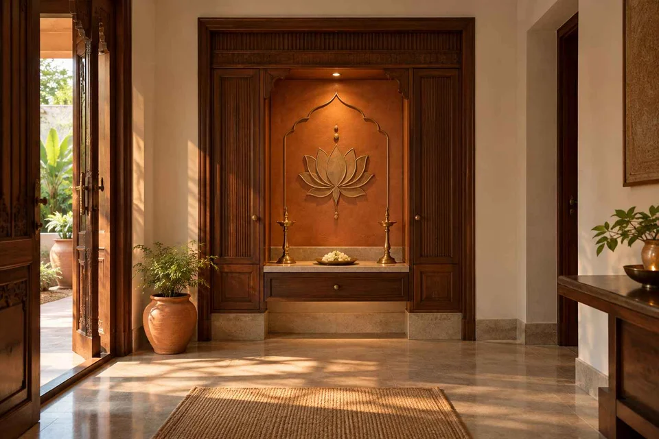 AI-generated puja room design concept: deep reveal mandir, terracotta heritage direction