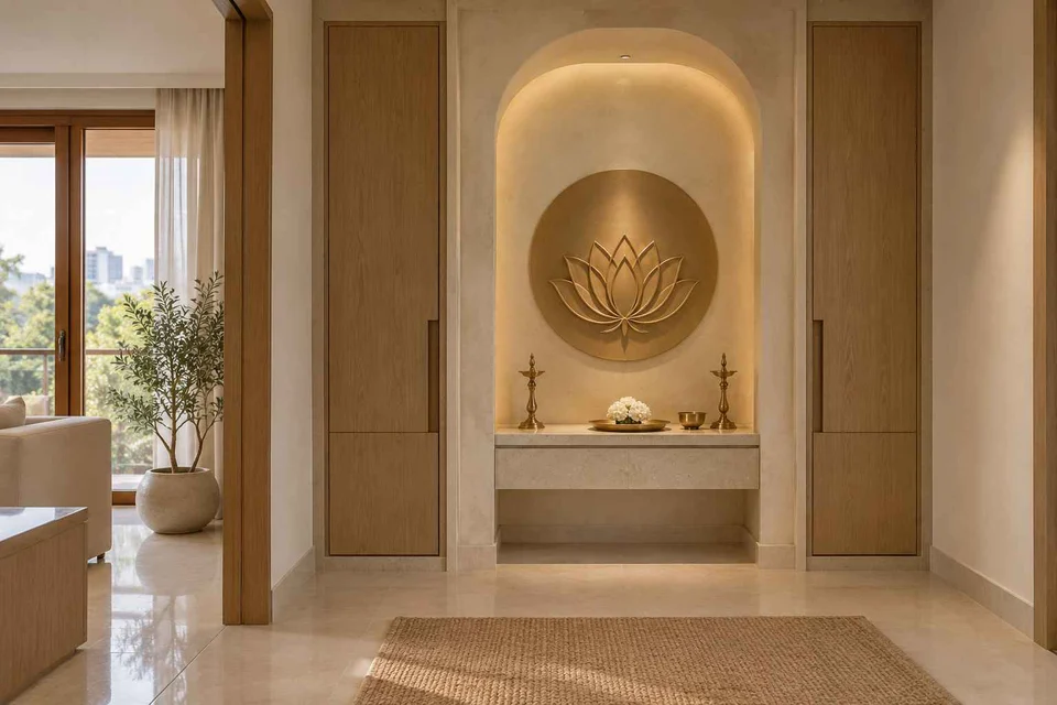 AI-generated puja room design concept: deep reveal mandir, textured mineral direction
