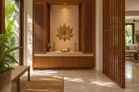 AI-generated puja room design concept: deep reveal mandir, tropical slatted direction