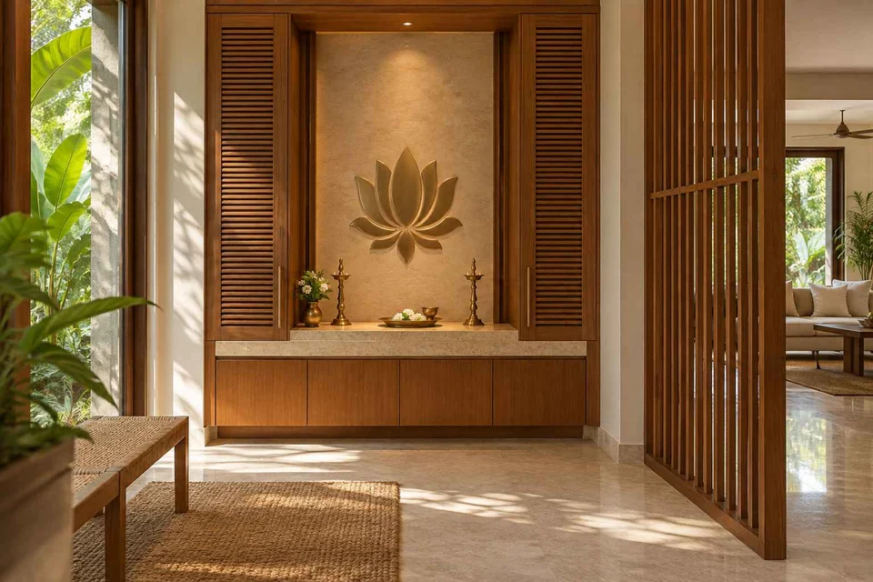AI-generated puja room design concept: deep reveal mandir, tropical slatted direction