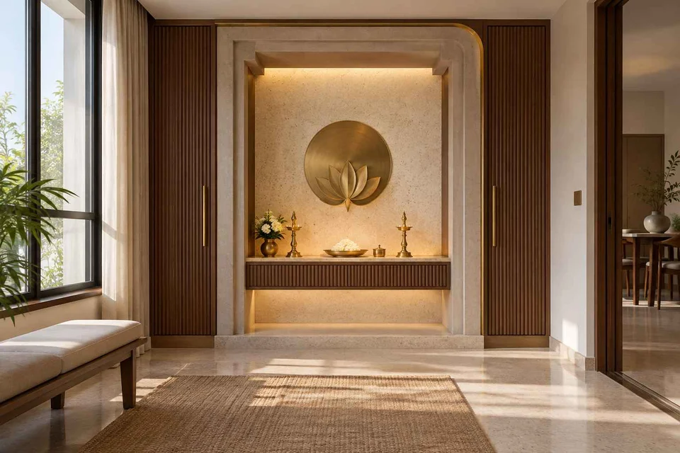 AI-generated puja room design concept: deep reveal mandir, urban deco direction