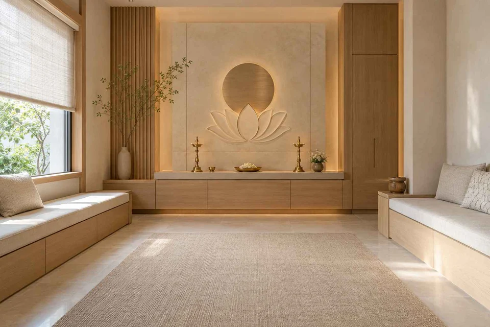 AI-generated puja room design concept: family bench prayer hall, ash and linen direction