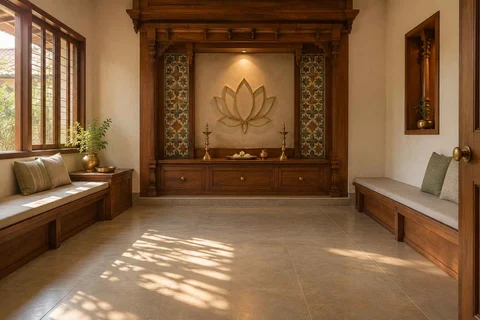 AI-generated puja room design concept: family bench prayer hall, chettinad tile direction