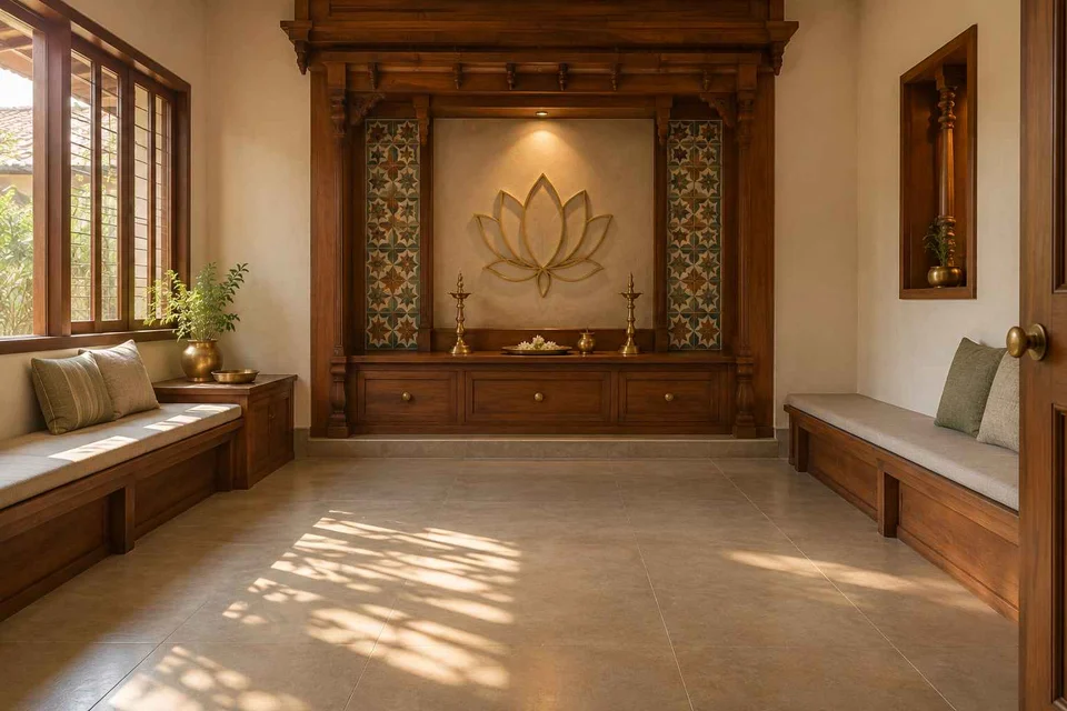 AI-generated puja room design concept: family bench prayer hall, chettinad tile direction