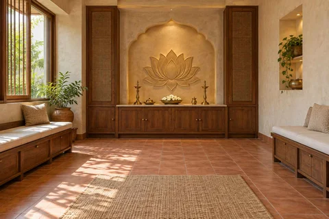 AI-generated puja room design concept: family bench prayer hall, clay artisan direction