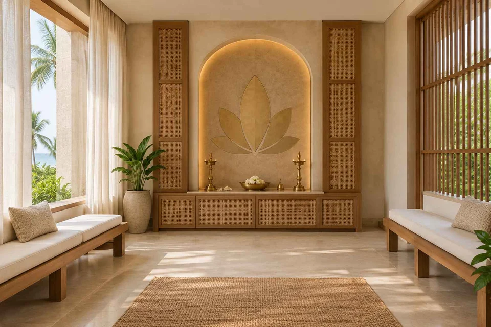 AI-generated puja room design concept: family bench prayer hall, coastal woven direction