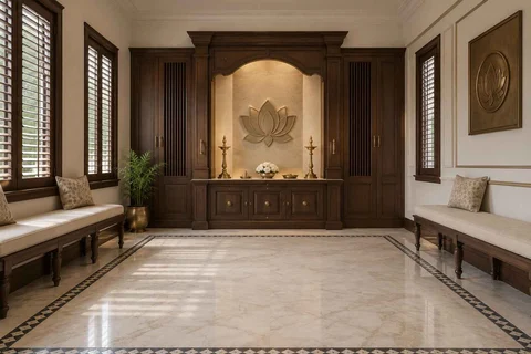 AI-generated puja room design concept: family bench prayer hall, colonial quiet direction
