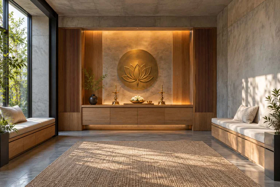 AI-generated puja room design concept: family bench prayer hall, concrete and oak direction