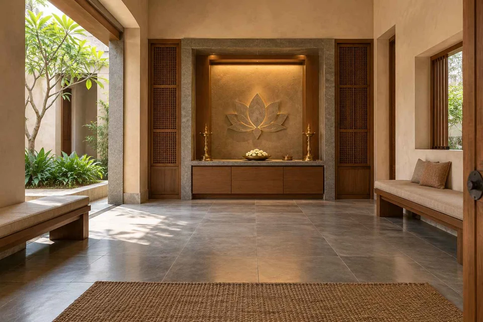 AI-generated puja room design concept: family bench prayer hall, courtyard modern direction