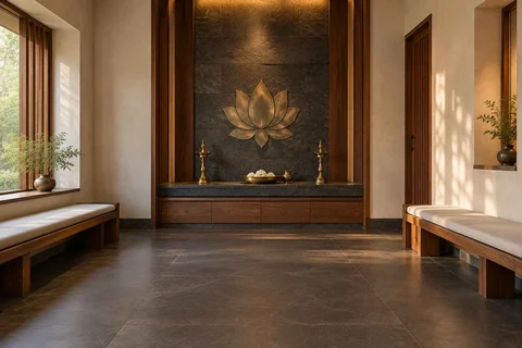 AI-generated puja room design concept: family bench prayer hall, deccan stone direction