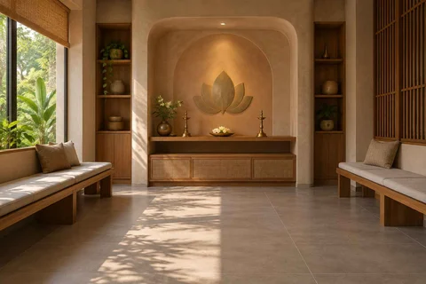 AI-generated puja room design concept: family bench prayer hall, earth and bamboo direction