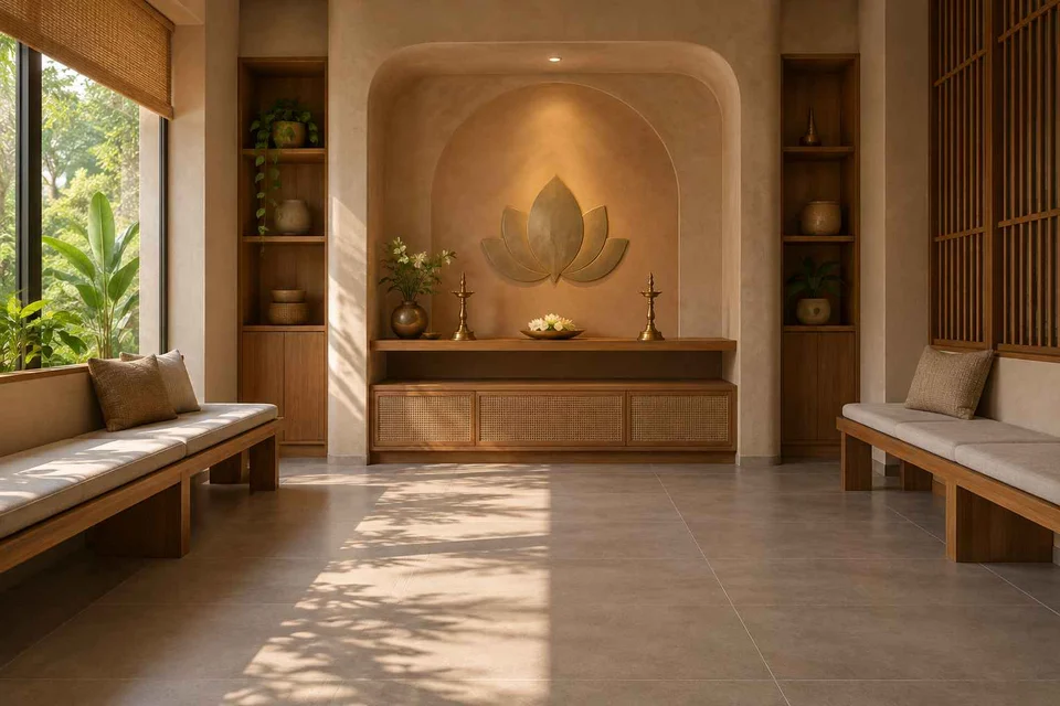AI-generated puja room design concept: family bench prayer hall, earth and bamboo direction