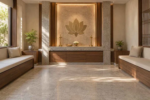 AI-generated puja room design concept: family bench prayer hall, granite precision direction
