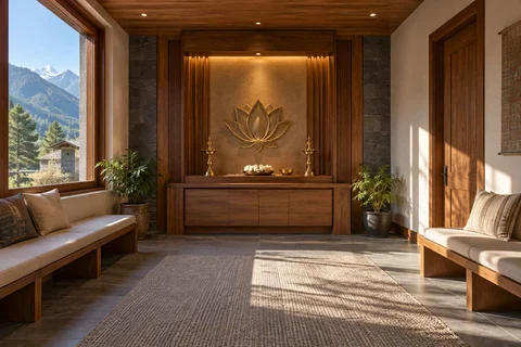 AI-generated puja room design concept: family bench prayer hall, hill timber direction