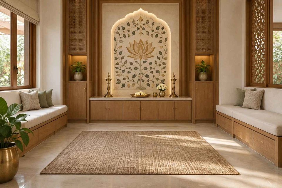 AI-generated puja room design concept: family bench prayer hall, inlay atelier direction