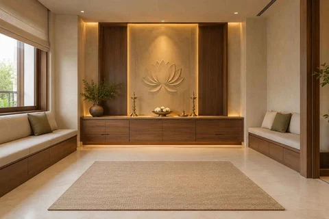 AI-generated puja room design concept: family bench prayer hall, lime and walnut direction