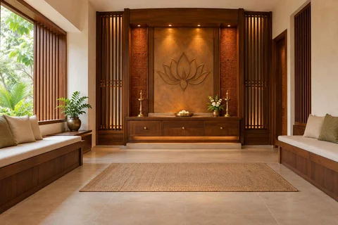 AI-generated puja room design concept: family bench prayer hall, malabar timber direction