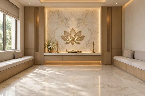 AI-generated puja room design concept: family bench prayer hall, marble restraint direction