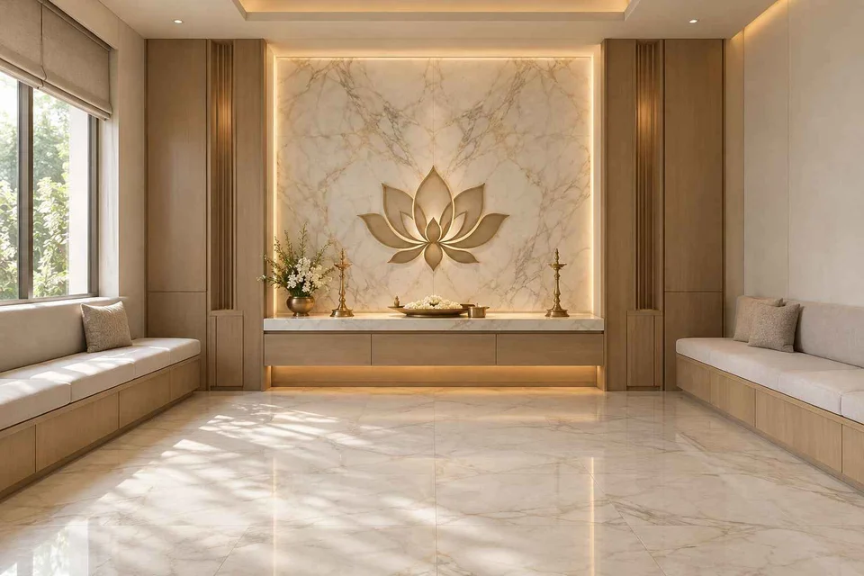 AI-generated puja room design concept: family bench prayer hall, marble restraint direction