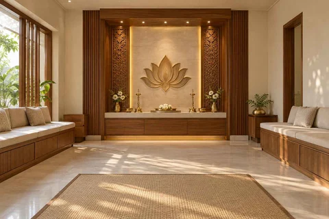 AI-generated puja room design concept: family bench prayer hall, modern carved direction