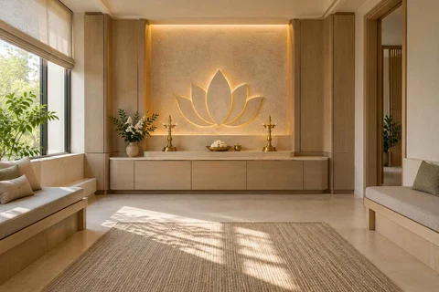 AI-generated puja room design concept: family bench prayer hall, quiet contemporary direction