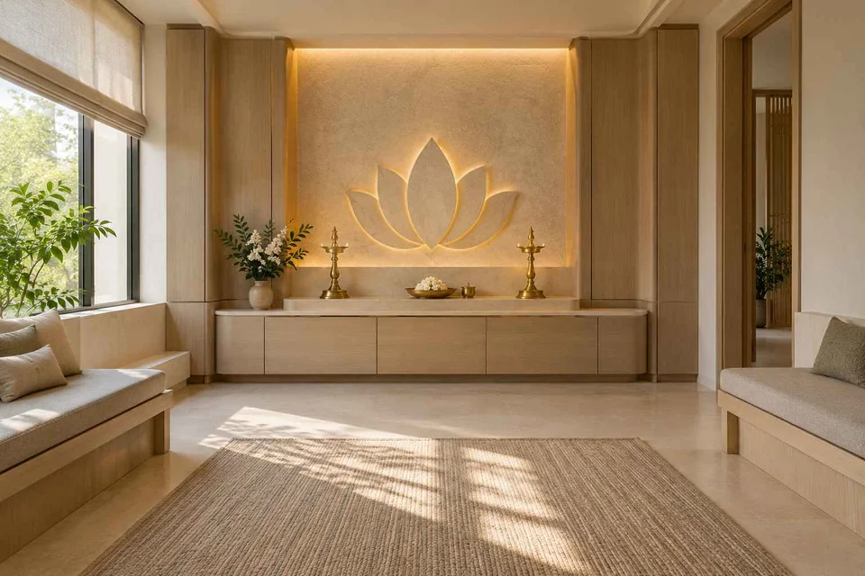 AI-generated puja room design concept: family bench prayer hall, quiet contemporary direction