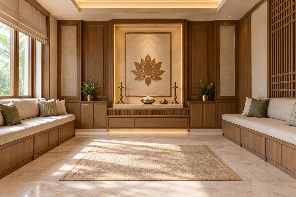 AI-generated puja room design concept: family bench prayer hall, quiet transitional direction