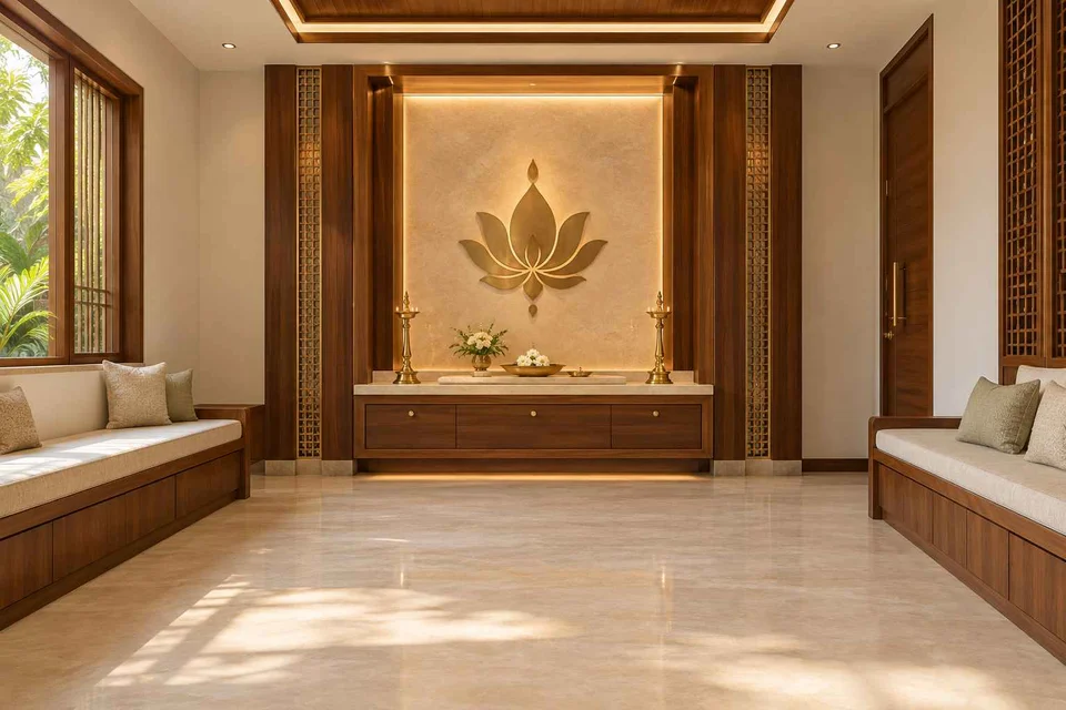 AI-generated puja room design concept: family bench prayer hall, rosewood brass direction