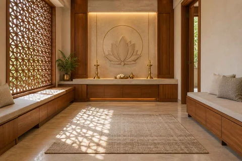 AI-generated puja room design concept: family bench prayer hall, sandstone lattice direction