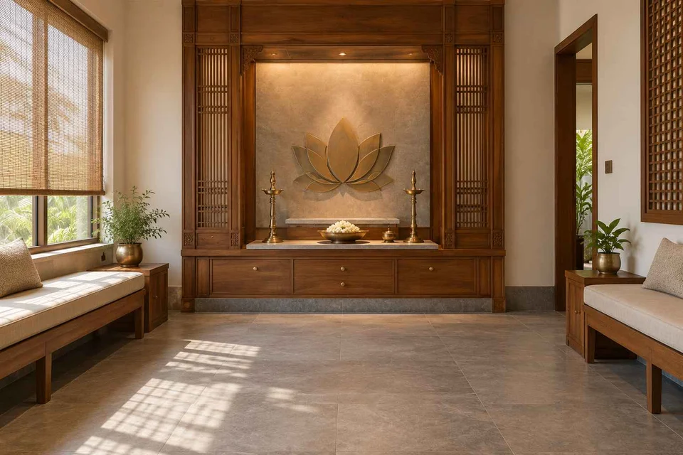 AI-generated puja room design concept: family bench prayer hall, teak craft direction